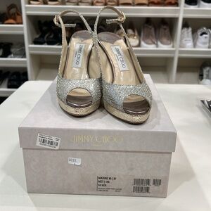 Women’s Jimmy Choo Silver and Gold Glitter Slingback Heels with Box. Size 37